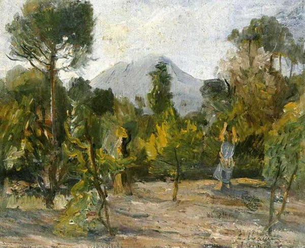 La raccolta (paesaggio vesuviano), anni trenta, olio su cartone telato, cm 20,9x 25,5